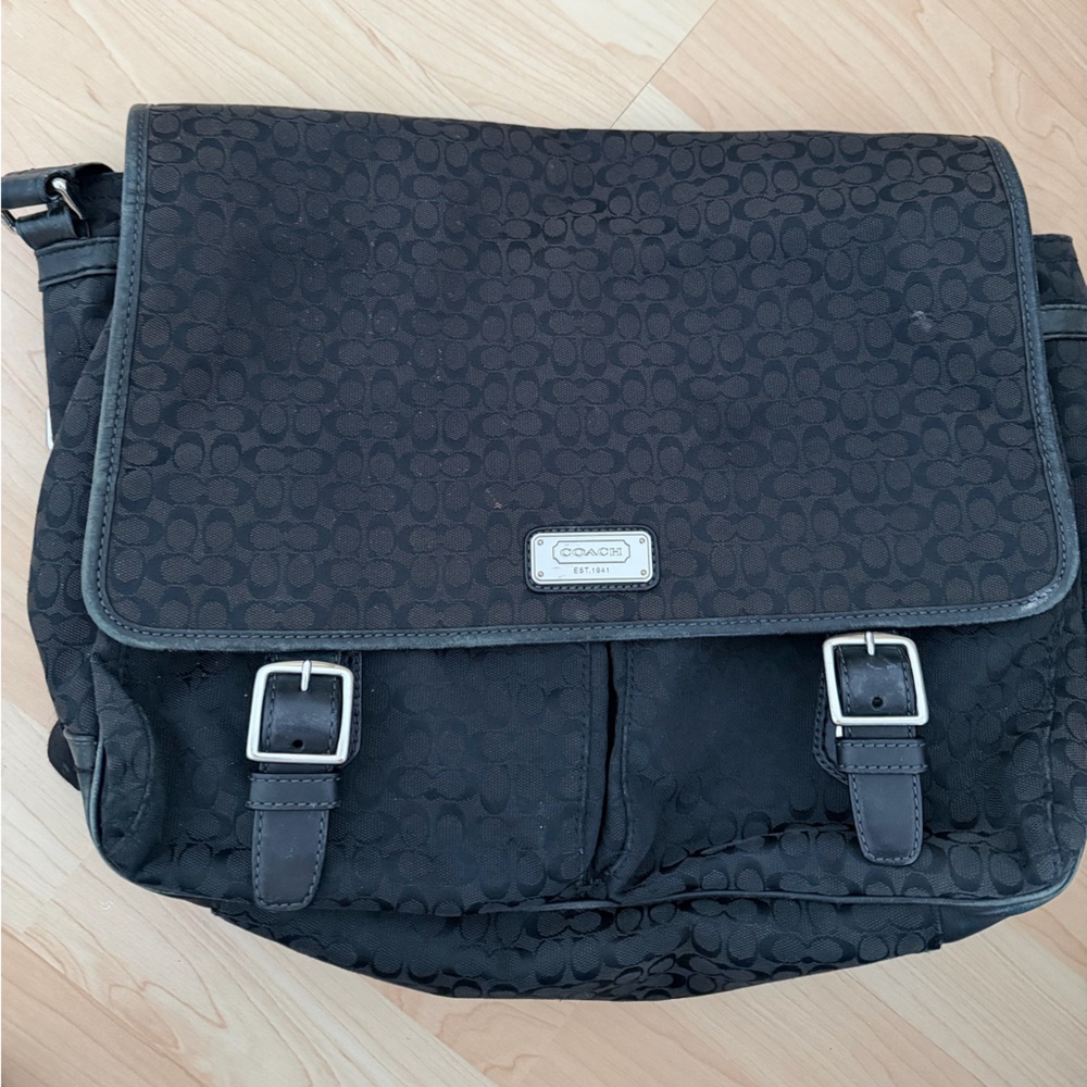 Coach Black Signature Canvas Messenger Bag with Buckle Accents